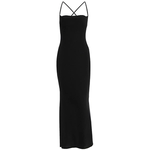 Detailed view of the crossover strap neck design on a black slim-fit satin dress
