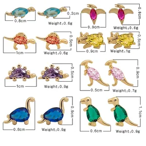 Cartoon dinosaur stud earrings dimensions and weights for eight 18K gold plated styles