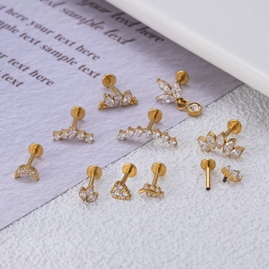 Golden titanium labret stud set with zircon crowns and leaves for cartilage piercing