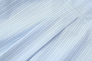 Detail of blue striped shirt showing fabric texture and inverted box pleat at the back yoke