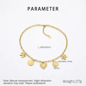 Detailed specs of stainless steel heart necklace with coin pendants and chain measurements