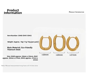 Detail showing various sizes and weights of gold U-shaped titanium steel hoop earrings
