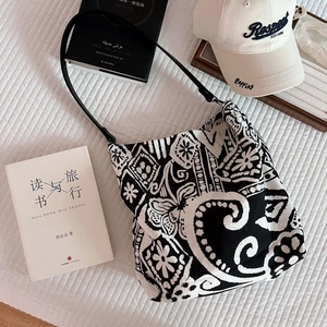 Bohemian black and white canvas tote bag with retro ethnic prints and leather straps