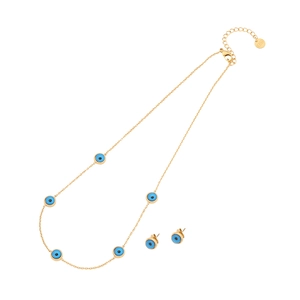 Golden stainless steel evil eye jewelry set with blue pendant necklace and earrings