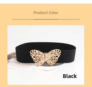 Detailed view of elastic black waist belt featuring a hollow gold butterfly buckle