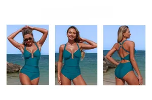 Three-way view of a teal one-piece swimsuit featuring front ring detail and crisscross back
