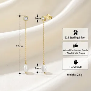 S925 silver gold-plated long drop earrings with natural freshwater pearls and cubic zirconia