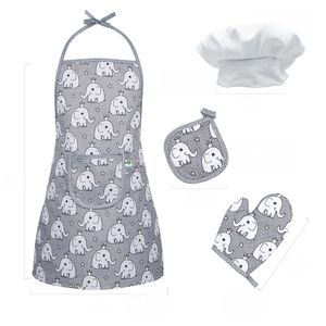 Kids kitchen set with grey elephant apron, chef hat, oven mitt and pot holder dimensions