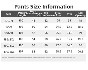 Detailed size chart for men polo shirt pants featuring length and waist measurements