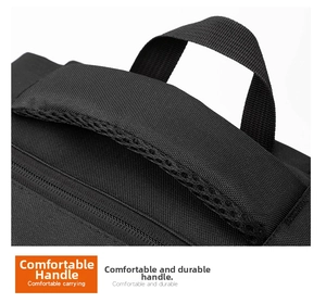 Close-up of padded top handle with breathable mesh lining on black tactical backpack