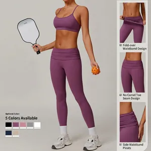 Purple high waist yoga set with foldable waistband and side ruching sports leggings