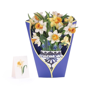 Detail of 3D pop-up greeting card featuring daffodils in a blue and white porcelain vase
