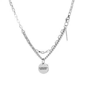 Silver double layer necklace with Cuban chain and engraved circular motivational pendant
