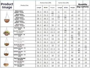 Size chart for hanging coco liner plant baskets in various iron styles and dimensions