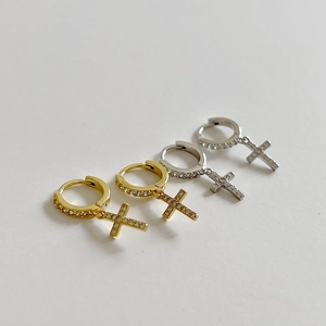 Luxurious S925 sterling silver cross hoop earrings with sparkling cubic zirconia stones