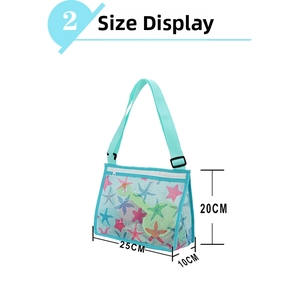 Blue mesh beach bag with starfish print and adjustable strap for kids 25x20x10cm