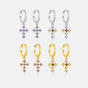 Boucles d'Oreilles Créoles Croix en Argent Sterling 925 pour Femmes Incrustées de Strass Plaqué Or Argent Bijoux de Mode Cadeau