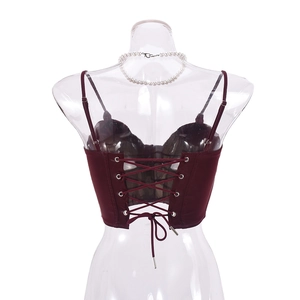 Detailed back view of burgundy PU camisole featuring adjustable cross-tie lace-up design