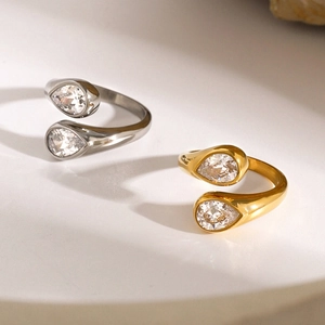 18k gold plated stainless steel teardrop crisscross open ring with zircon stones