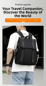 Rear side view of a black nylon business backpack for men showing padded straps and texture