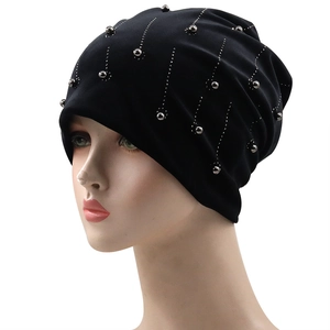 Detail of black rhinestone beanie with silver beads and shimmering vertical lines