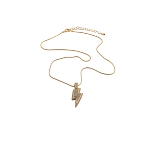Sparkling gold lightning bolt pendant necklace with cubic zirconia on white background