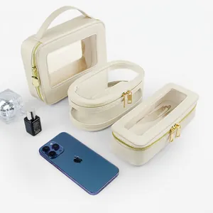 Portable Makeup Bag PU Leather Transparent PVC Window Travel Cosmetic Organizer With Gold Zipper Waterproof Storage Pouch