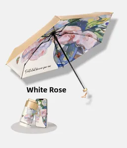 Mini folding sun umbrella with oil painting white rose print and capsule carrying case