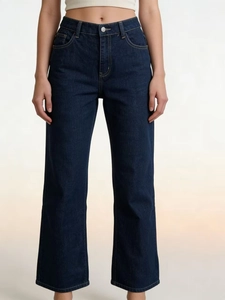 Deep blue high-waisted denim jeans with a retro wide-leg straight cut for women