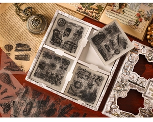 Detail of 100pcs vintage monochrome PET stickers with floral and mechanical motifs