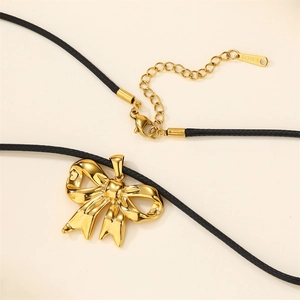 Elegant 18k gold stainless steel bow pendant necklace with black wax rope and lobster clasp