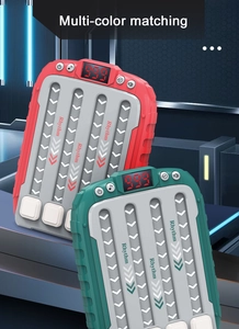 Detail of Rhythm Master game pads with LED displays and colorful controls in 3D tech lab