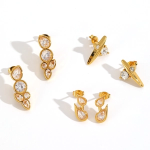 Luxurious gold-plated drop earrings set with sparkling cubic zirconia in geometric designs