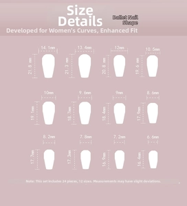 Size chart showing 12 ballet-style press-on nail dimensions for a precise natural fit