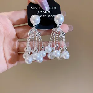 French vintage silver tassel pearl stud earrings with elegant long fringe for women