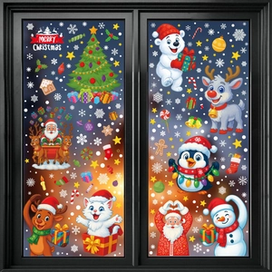 Christmas window static stickers with Santa, reindeer, and snowflakes for festive decor