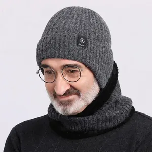 Winter thermal knit hat and fleece neck warmer set for elderly men in dark grey