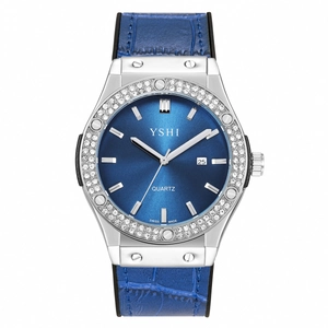 Elegant women's quartz watch with blue dial, rhinestone silver bezel and blue leather strap