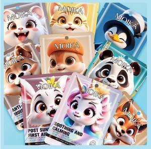 Flat lay of colorful MOIKA cartoon animal facial sheet masks for soothing and skin repair