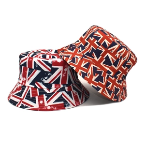 Detailed view of the double-sided bucket hat with vintage Union Jack flag print pattern