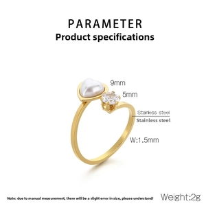 Detail of 18k gold plated stainless steel ring with 9mm heart pearl and 5mm zircon