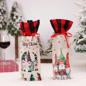 Christmas Wine Bottle Covers Linen Burlap Bags With Gnome Pattern Plaid Drawstring For Holiday Party Dinner Table Decor