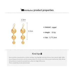 Detailed size specifications for gold ball drop earrings with 5.7cm height and copper material