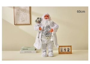 Detailed 60cm Santa Claus doll with silver sequins and plush fabric in a cozy room
