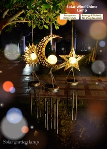 Solar powered hanging wind chime lights with moon star sun metal hollow patterns