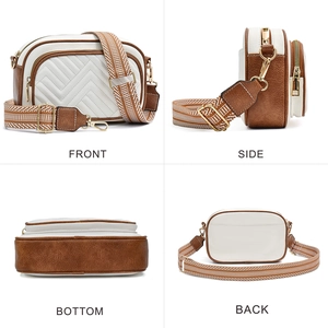 Retro contrast color crossbody bag with wide strap, white and brown small square bag details.