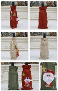 Detailed views of linen Christmas wine bottle covers with 3D Santa and reindeer designs