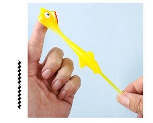 Macro shot showing the high elasticity of the yellow TPR rubber slingshot chicken toy