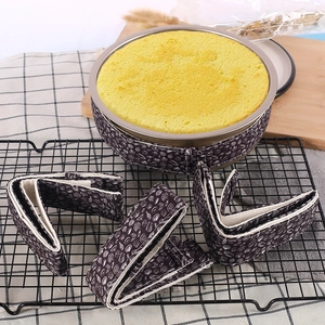 Bake even strips wrapped around a round cake pan showing fabric detail and patterns