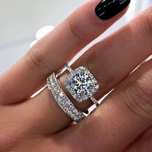 Square Halo Stackable Rings Women Copper Cubic Zirconia Pavé Wedding Bridal Jewelry Romantic Luxury Round Main Stone